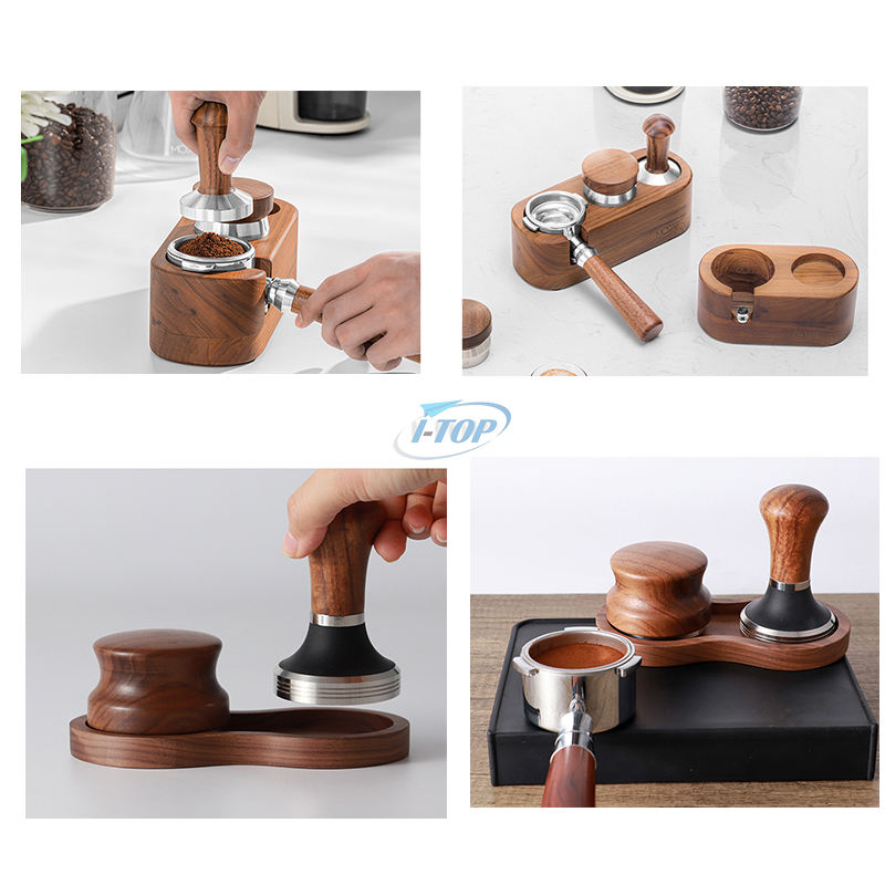 3 agujeros Filtro de café de madera Tamper Set Holder Accesorios para máquinas de espresso de madera Tamper Mat Stand Tamper Station para Cafe Home Hotel Restaurant Bar