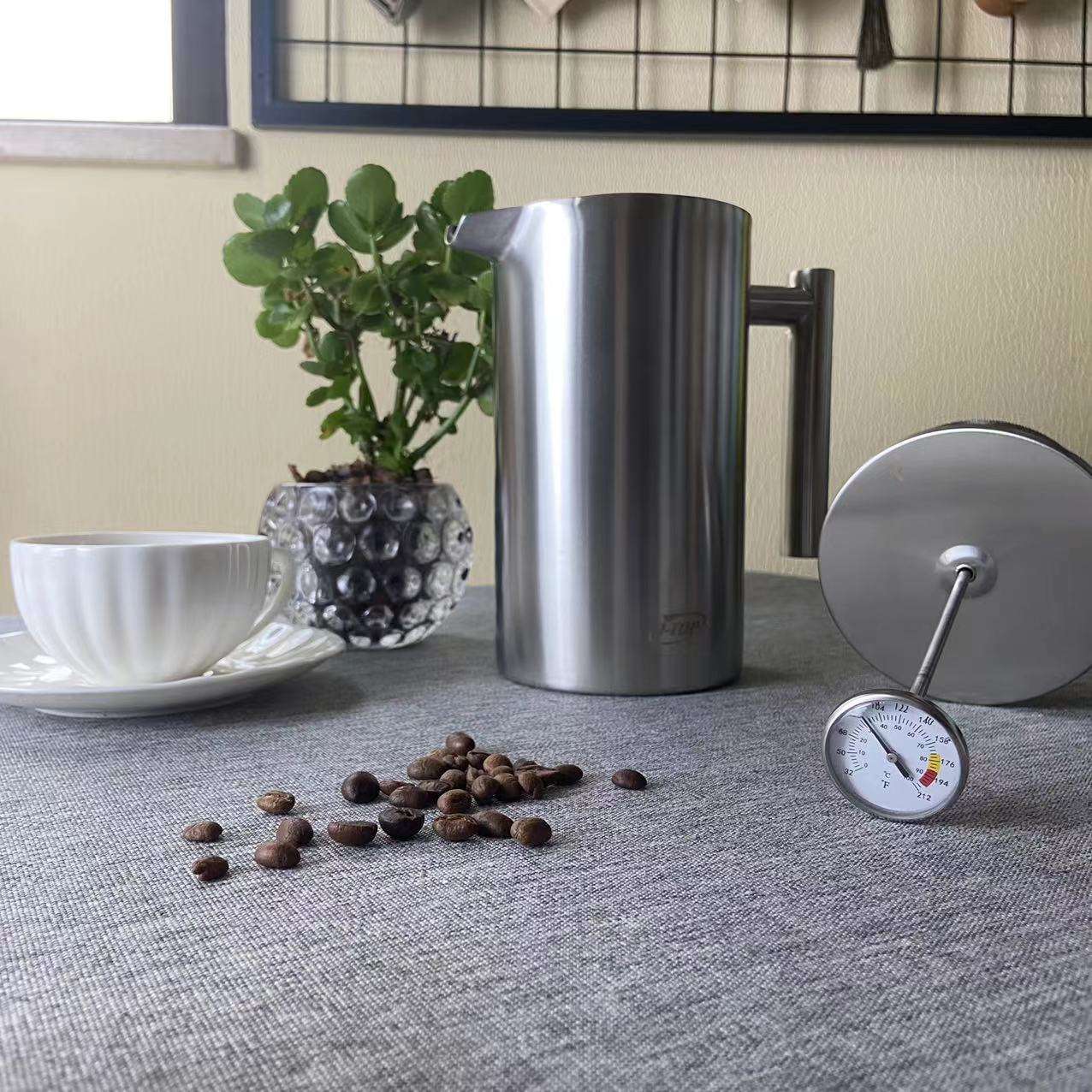 Prensa francesa de acero inoxidable de estilo clásico, cafetera de doble pared aislada de 34 oz, prensa francesa con termómetro de logotipo personalizado